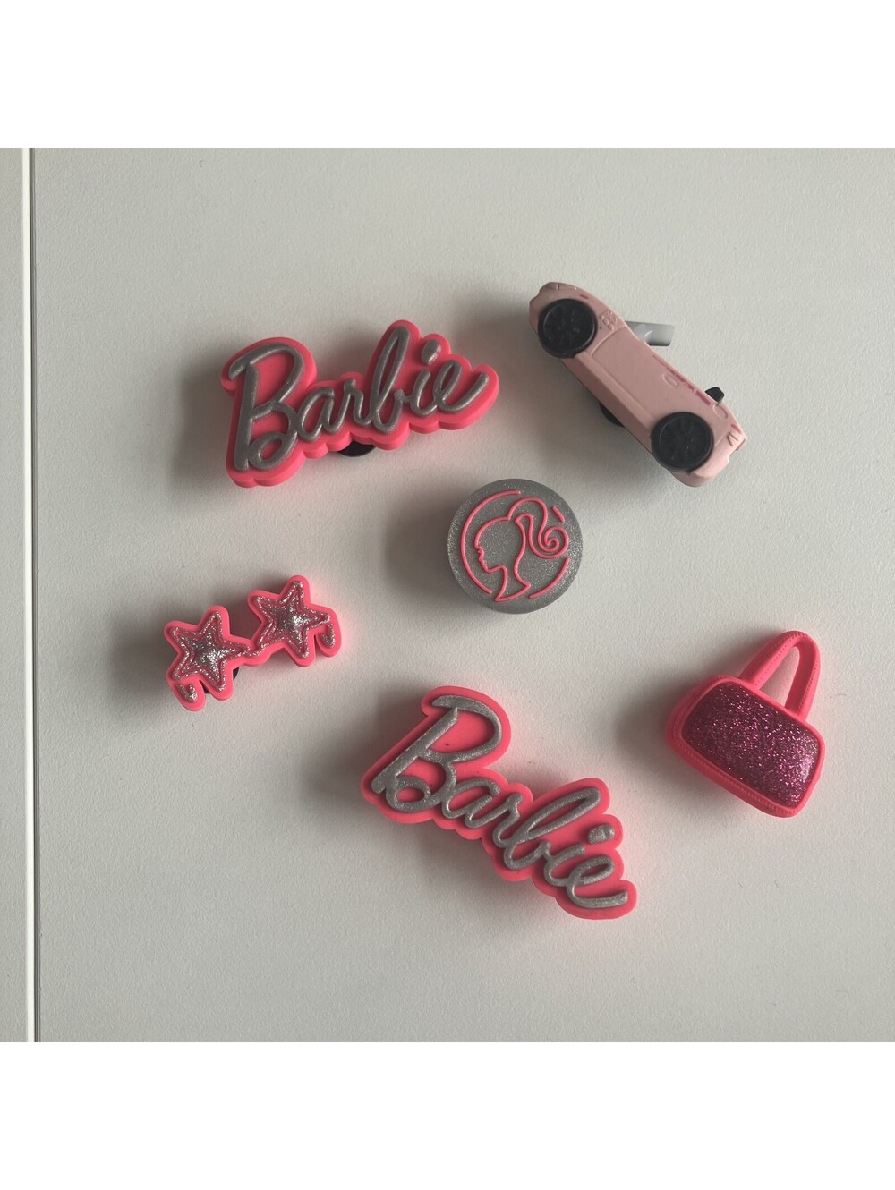 Mattel Barbie Jibbitz Croc Charms 2023 Corvette Purse Sunglasses Logo 6CT Bimbo